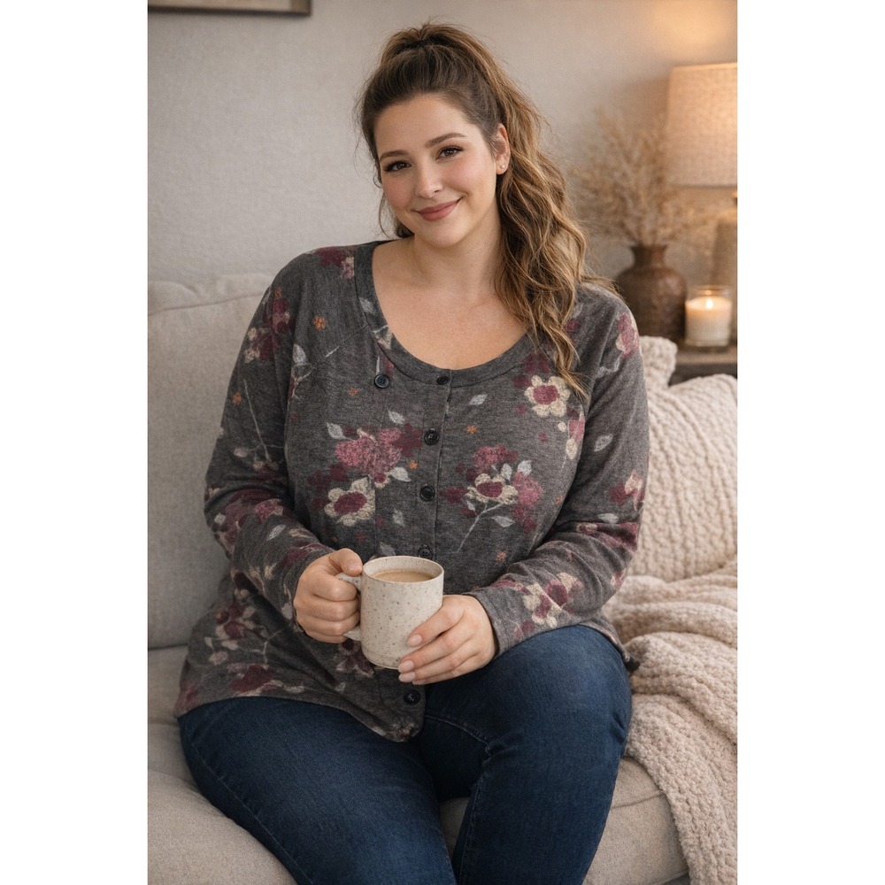 Maurices Floral Asymmetrical Button Front Sweater Gray Burgundy‎ Plus Size 3